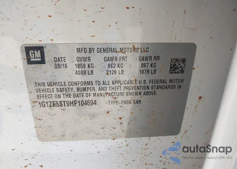 2017 Chevrolet Malibu 1Lt z USA, uszkodzony, nr VIN 1G1ZE5ST9HF104694